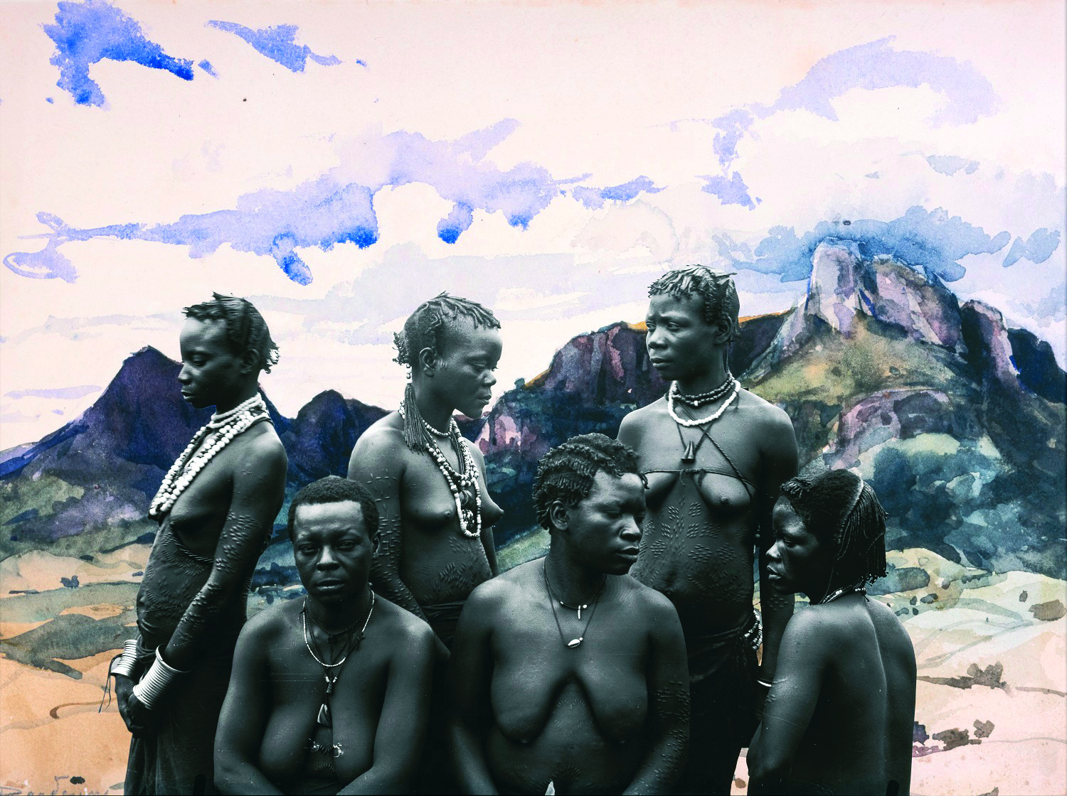 Sammy Baloji, Portrait #3 : groupe de femmes Urua sur fond d’aquarelle de Dardenne, 2011 (de la série Congo Far West). © Sammy Baloji. Courtesy: Musée d’Ixelles